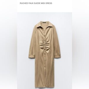 Zara Suede Tan Button-Up Ruched Dress
